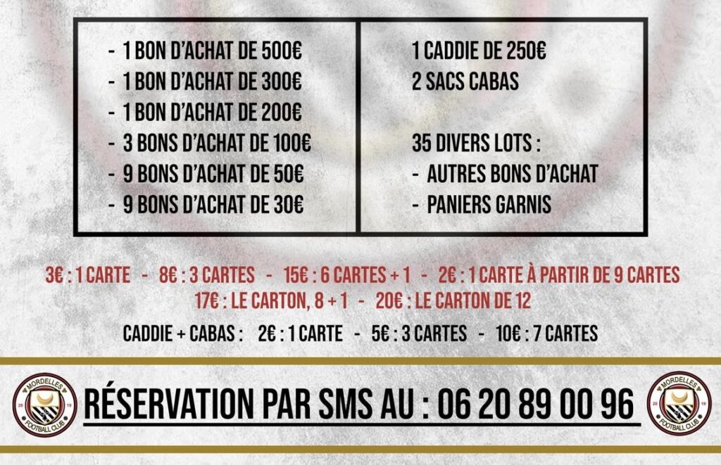 Visuel de la répartition des lots du loto du FC Mordelles.
Divers bons d'achats allant de 30 à 500€. 